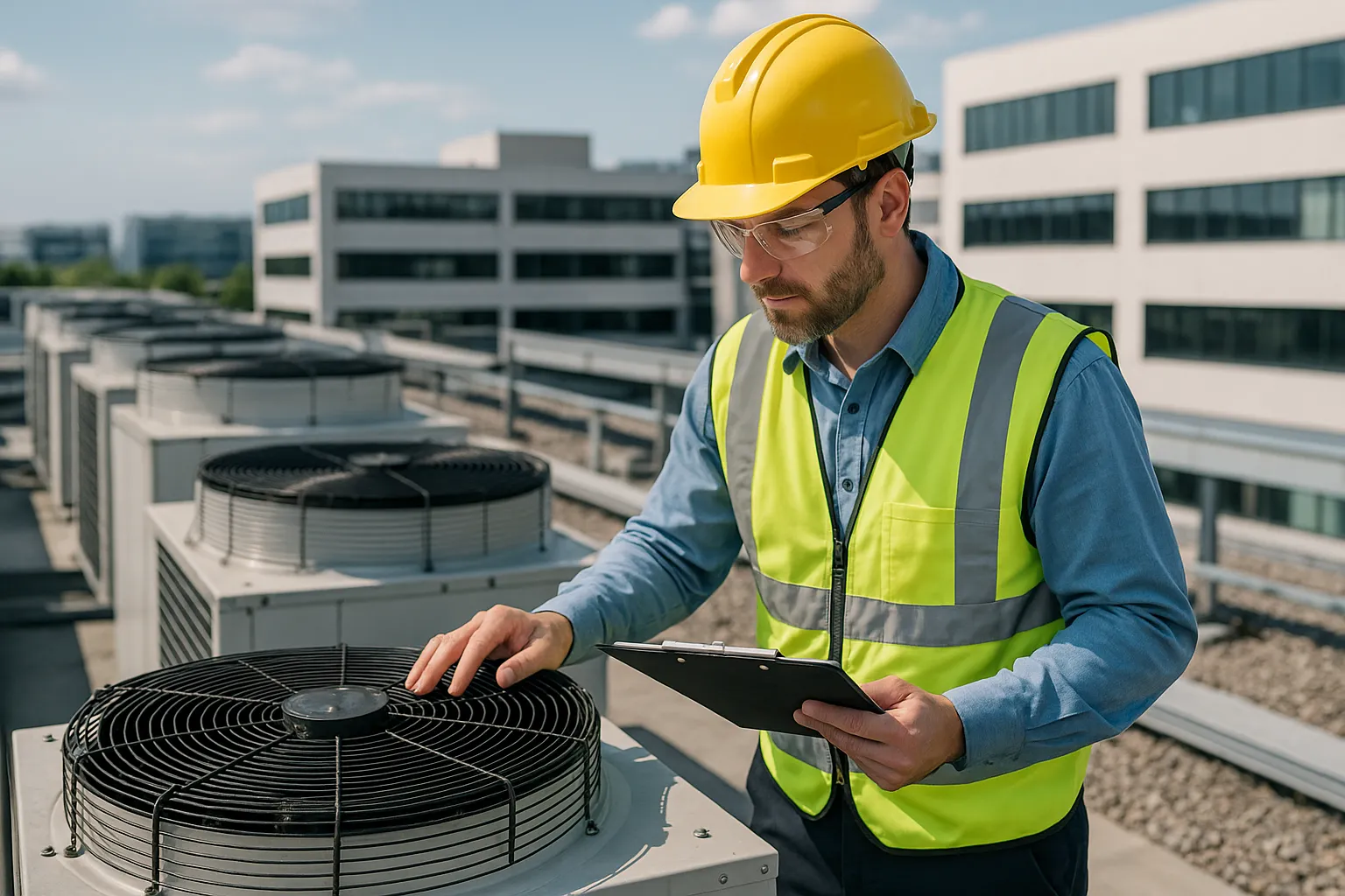 a commercial HVAC service technician in PPE inspecting rooftop condenser units — commercial HVAC