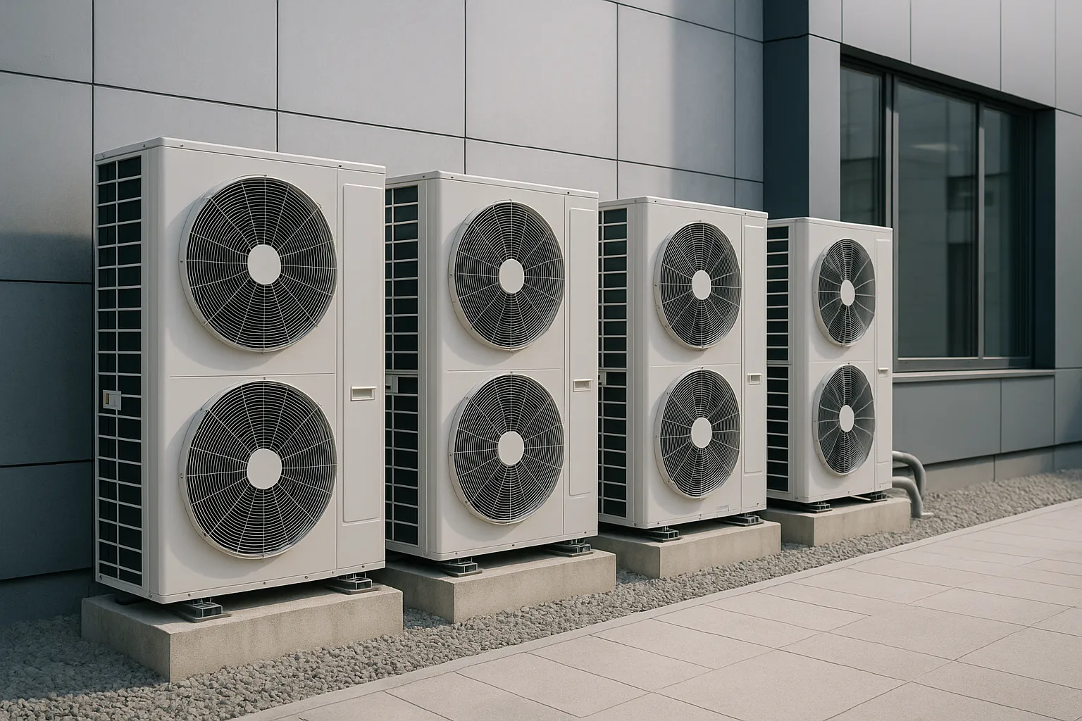 a bank of outdoor VRF/VRV condensing units mounted beside a modern commercial building — commercial HVAC