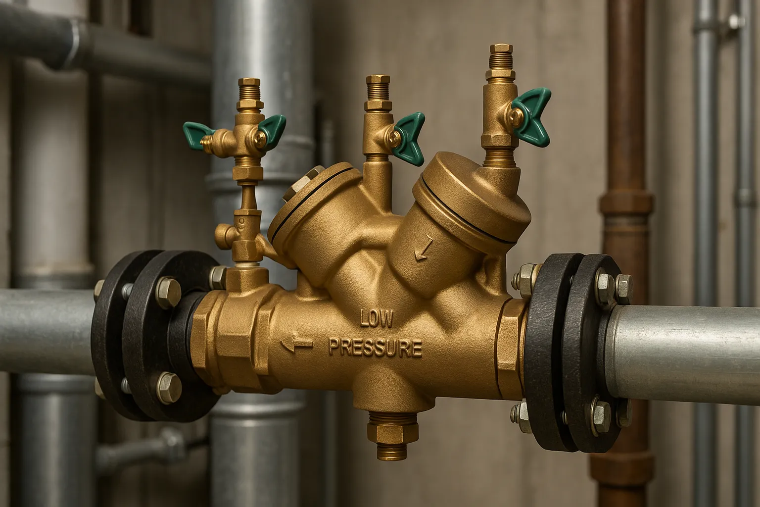 a close-up of a brass backflow prevention assembly with test cocks on a commercial water supply line — commercial plumbing
