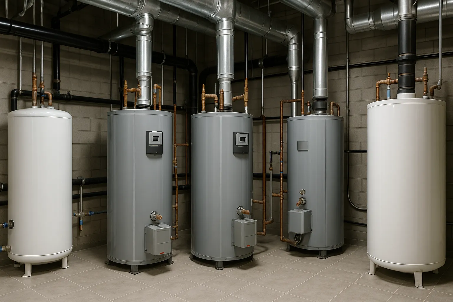 a row of large commercial water heaters and storage tanks in a facility boiler room — commercial plumbing
