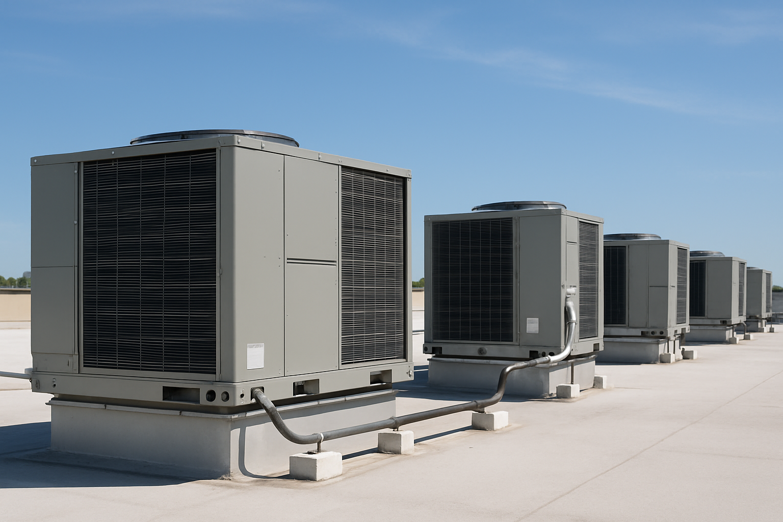 a row of rooftop packaged HVAC units (RTUs) on a flat commercial building roof under a clear sky — commercial HVAC