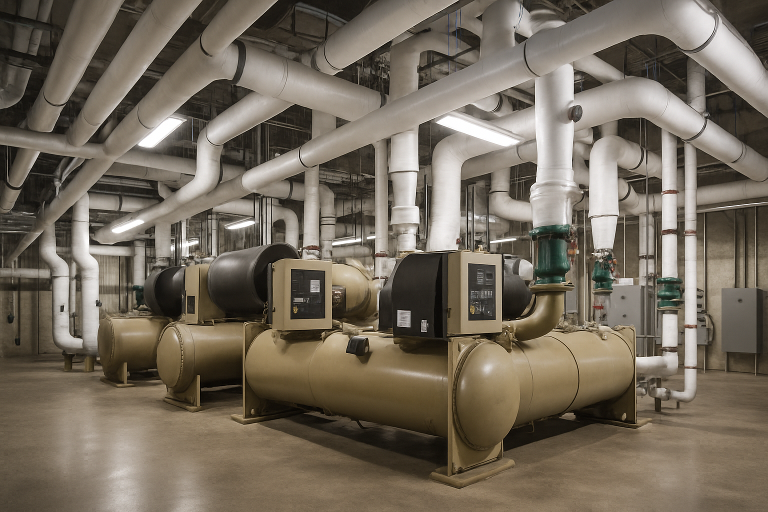 the interior of a commercial mechanical room with large water-cooled chillers and insulated piping — commercial HVAC