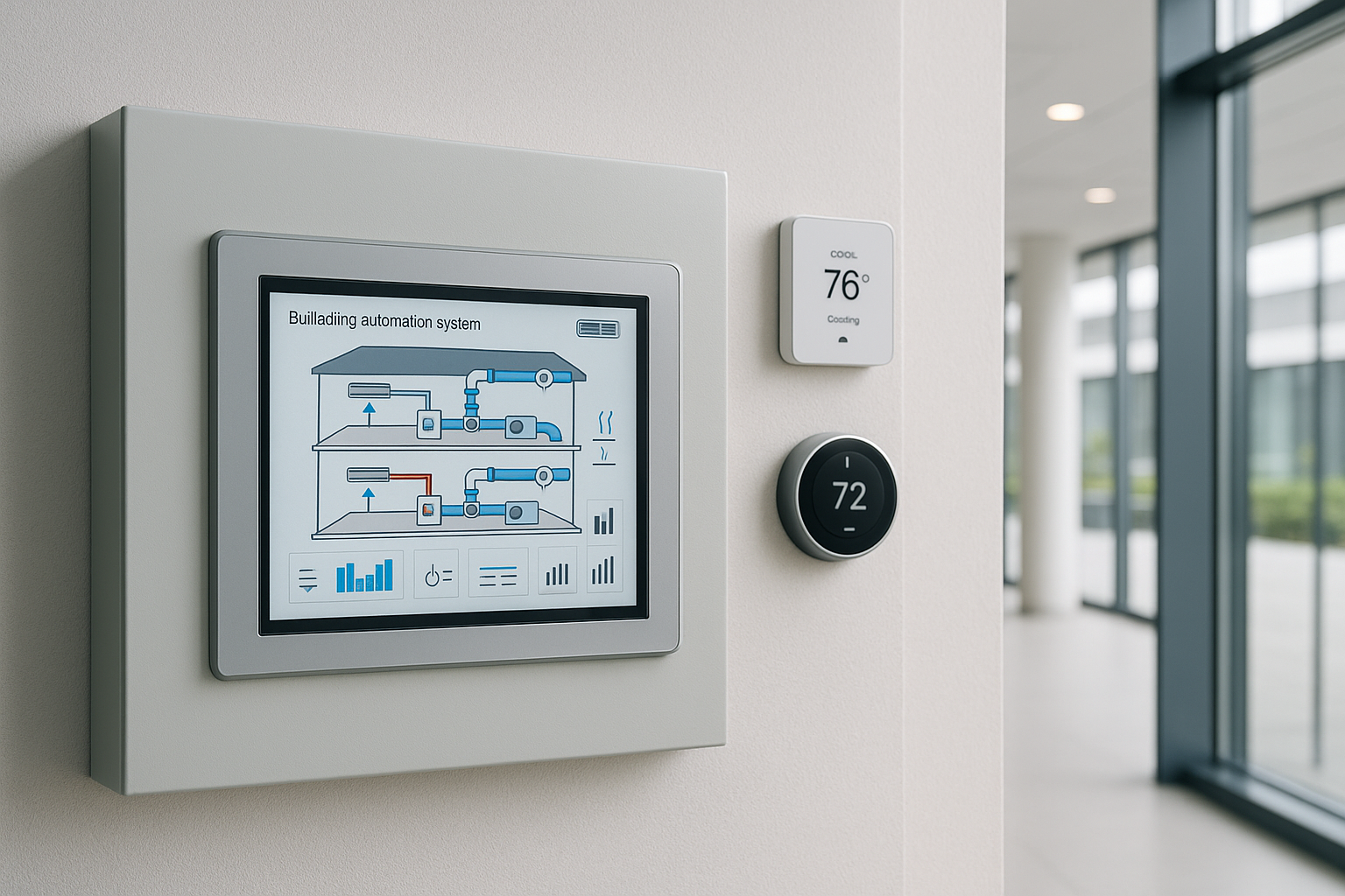a building automation system control panel and smart HVAC controls in a modern commercial building — commercial HVAC