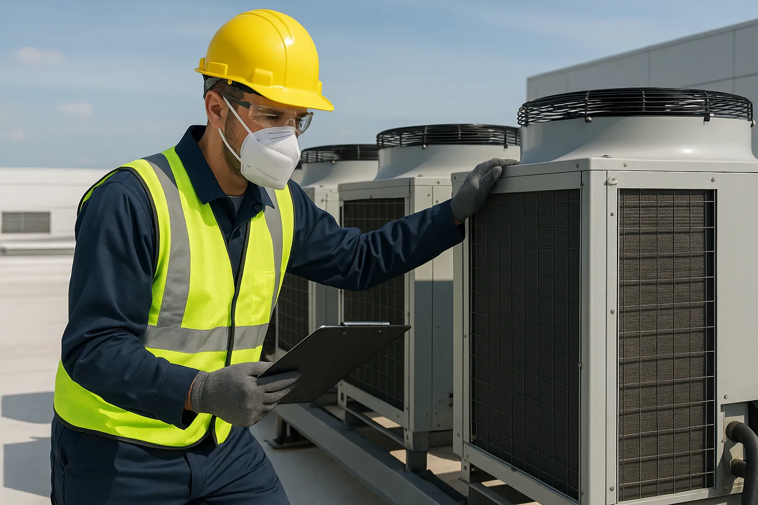 a commercial HVAC service technician in PPE inspecting rooftop condenser units — commercial HVAC