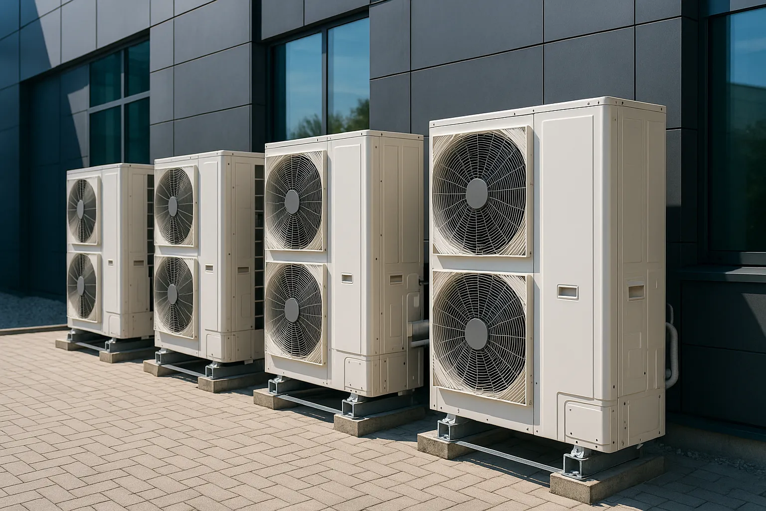 a bank of outdoor VRF/VRV condensing units mounted beside a modern commercial building — commercial HVAC