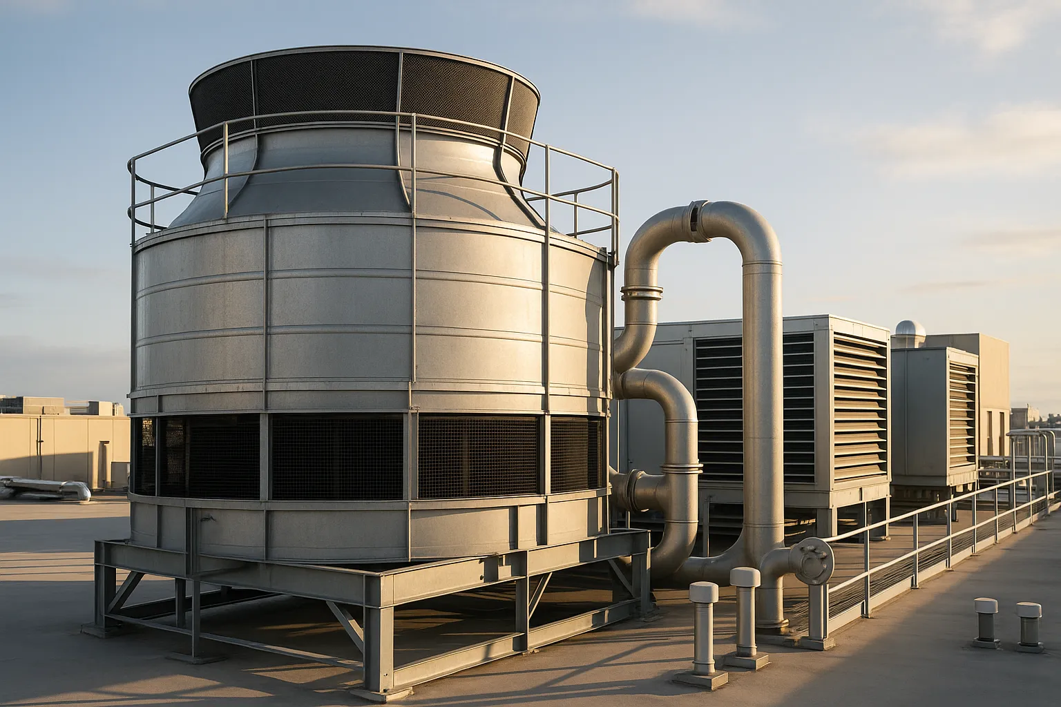 a large rooftop cooling tower at a commercial facility, late afternoon light — commercial HVAC