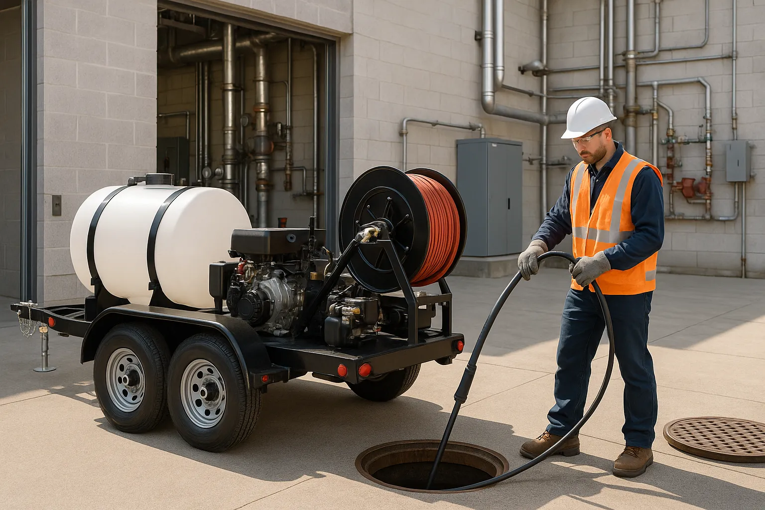 a technician operating a trailer-mounted hydro jetting machine to clean a commercial sewer line — commercial plumbing