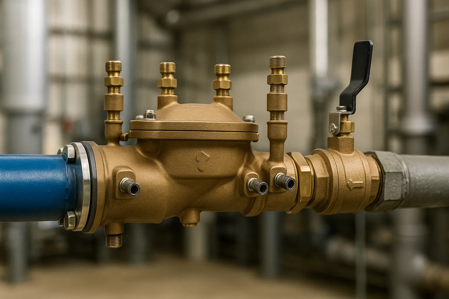 a close-up of a brass backflow prevention assembly with test cocks on a commercial water supply line — commercial plumbing