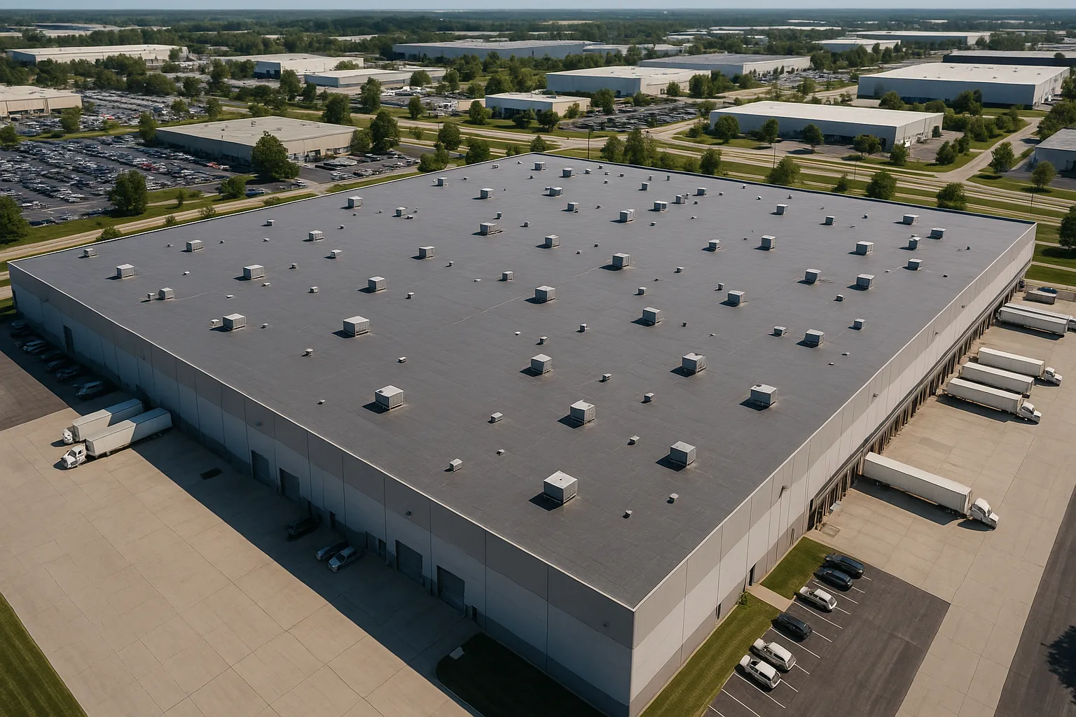 a wide aerial view of an industrial warehouse with an expansive gray flat roof and rooftop HVAC curbs — commercial roofing