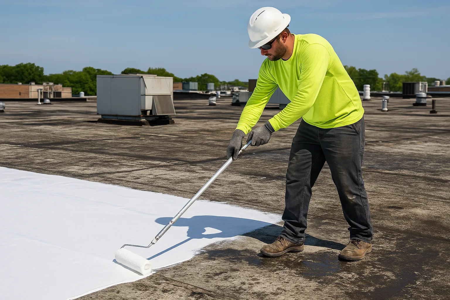 a roofer applying reflective silicone roof coating with a roller on an aging commercial membrane roof — commercial roofing