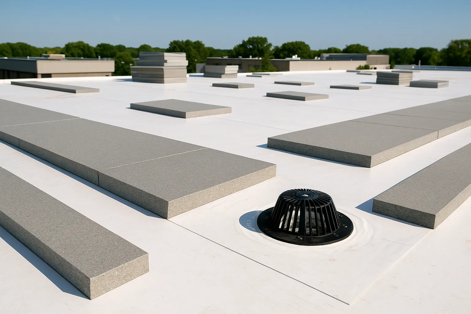 tapered insulation boards and a roof drain being installed on a flat commercial roof deck — commercial roofing