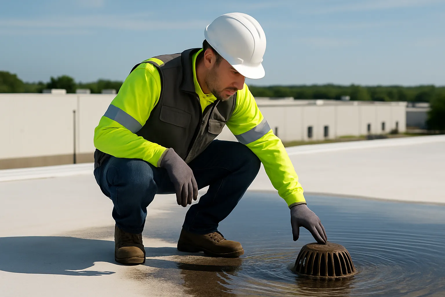 a commercial roofing technician inspecting a roof drain and ponding water on a flat warehouse roof — commercial roofing