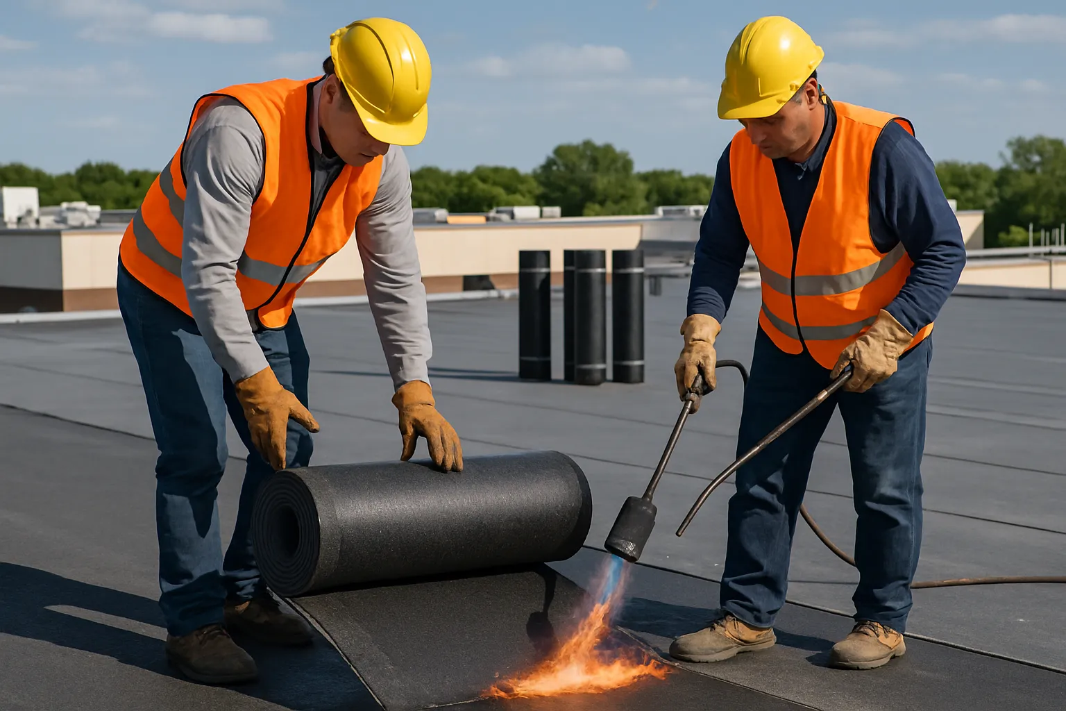 workers rolling out modified bitumen roofing with a torch on a large low-slope commercial roof — commercial roofing