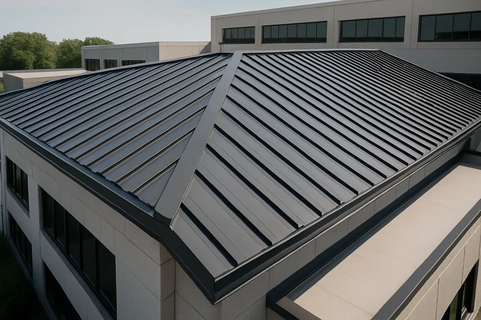 a standing-seam metal roof on a modern commercial building, daytime — commercial roofing