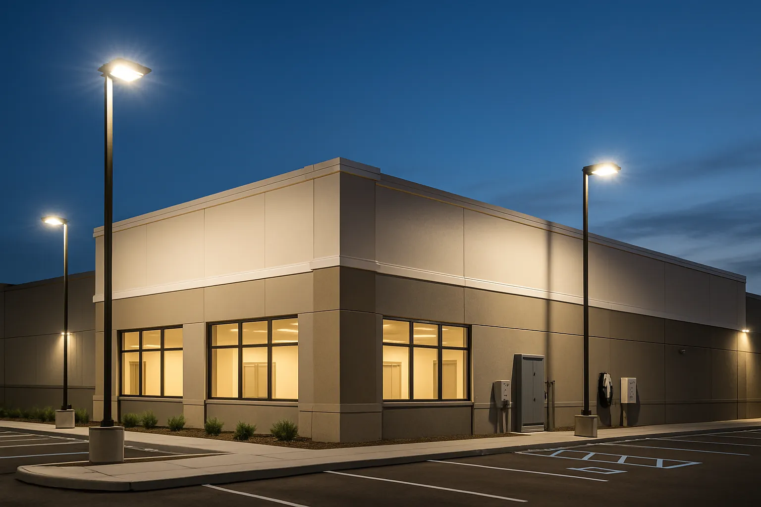 commercial building exterior and parking-lot LED lighting at dusk — commercial electrical