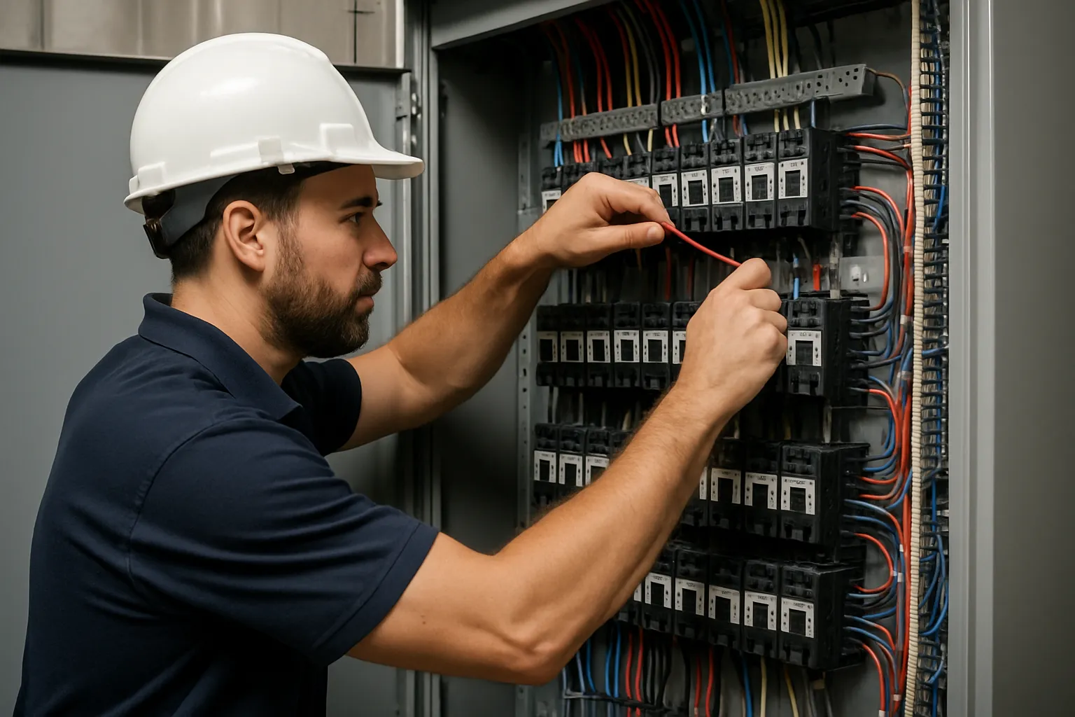 a commercial electrician working inside an open industrial electrical panel with rows of breakers — commercial electrical