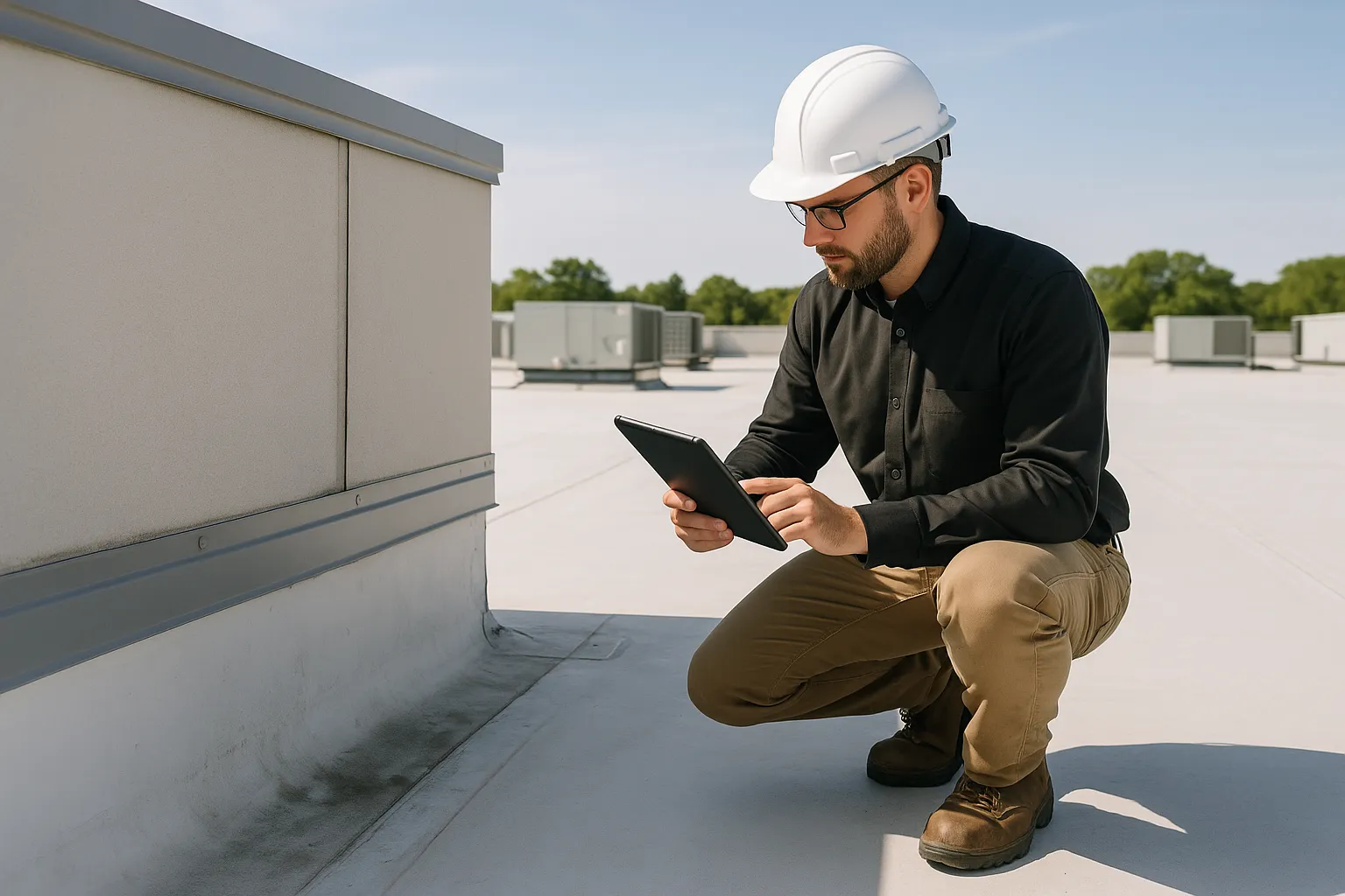 a commercial roof inspector documenting flashing and seam condition with a tablet on a rooftop — commercial roofing