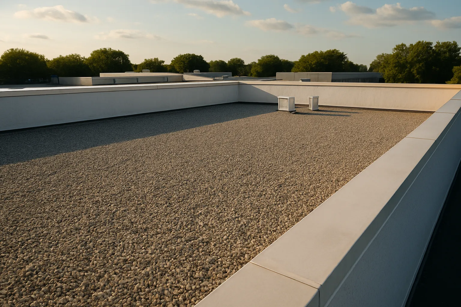a built-up (BUR) gravel roof surface on a commercial building with parapet walls, late afternoon light — commercial roofing