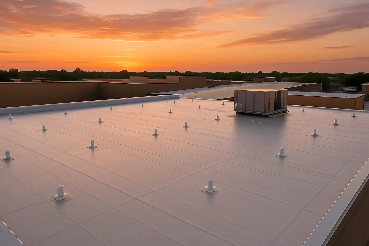 a freshly installed PVC membrane roof on a big-box retail store at dusk with warm sky — commercial roofing