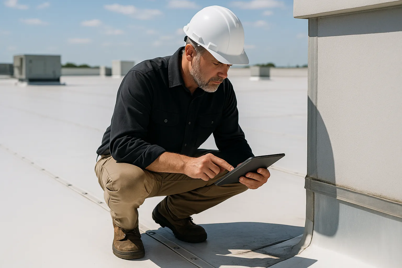 a commercial roof inspector documenting flashing and seam condition with a tablet on a rooftop — commercial roofing