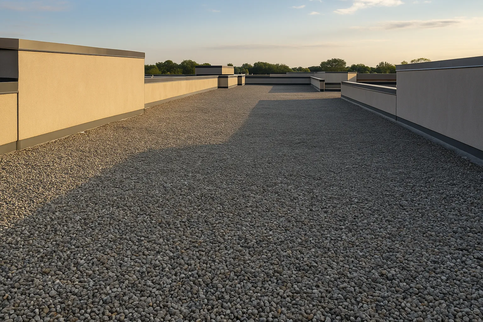 a built-up (BUR) gravel roof surface on a commercial building with parapet walls, late afternoon light — commercial roofing