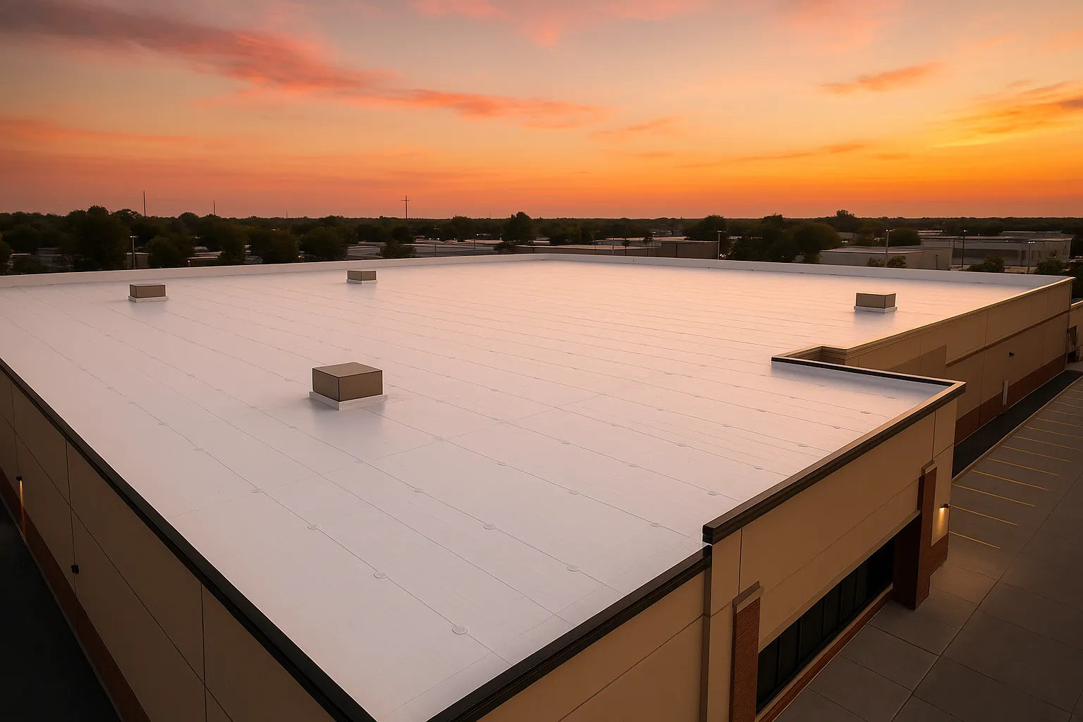 a freshly installed PVC membrane roof on a big-box retail store at dusk with warm sky — commercial roofing