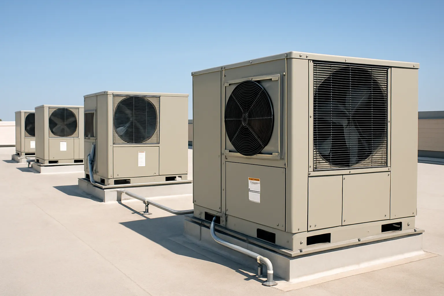 a row of rooftop packaged HVAC units (RTUs) on a flat commercial building roof under a clear sky — commercial HVAC