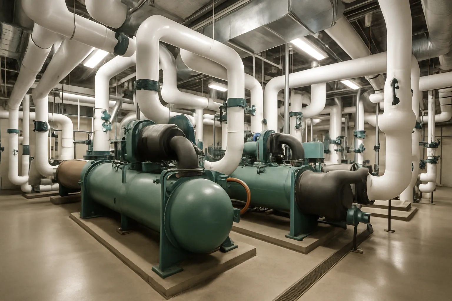 the interior of a commercial mechanical room with large water-cooled chillers and insulated piping — commercial HVAC