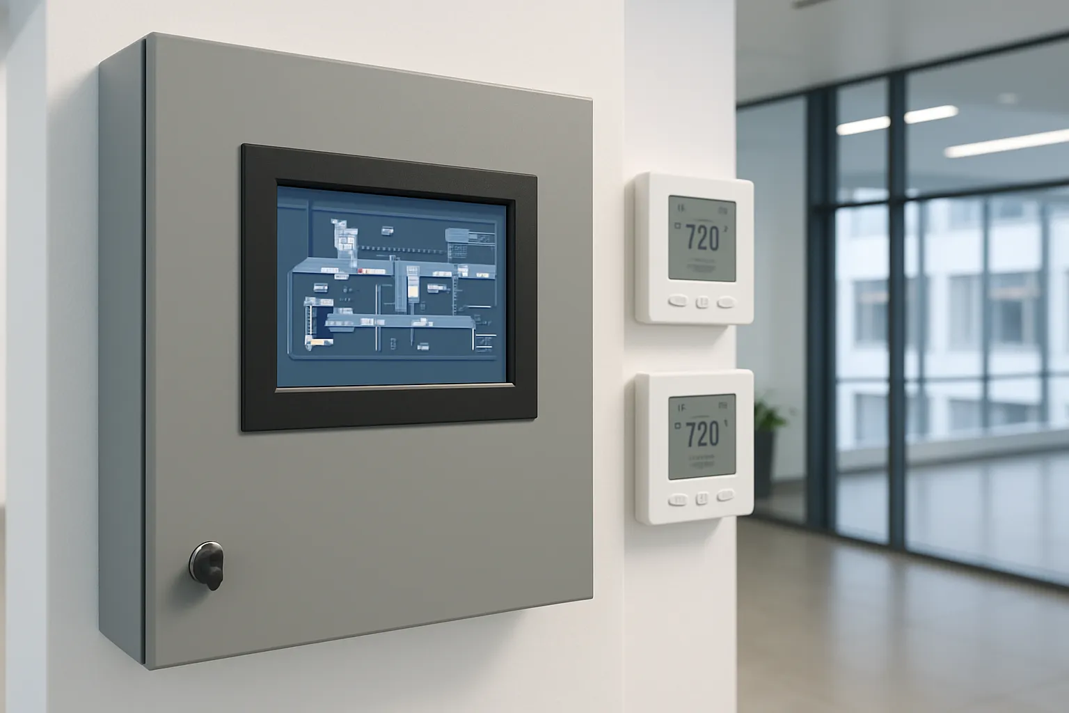 a building automation system control panel and smart HVAC controls in a modern commercial building — commercial HVAC