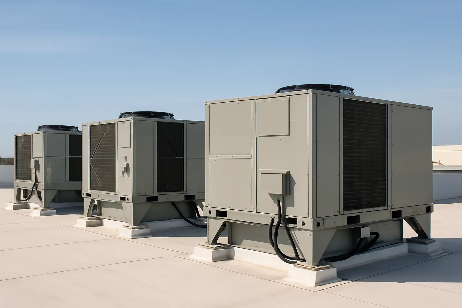 a row of rooftop packaged HVAC units (RTUs) on a flat commercial building roof under a clear sky — commercial HVAC