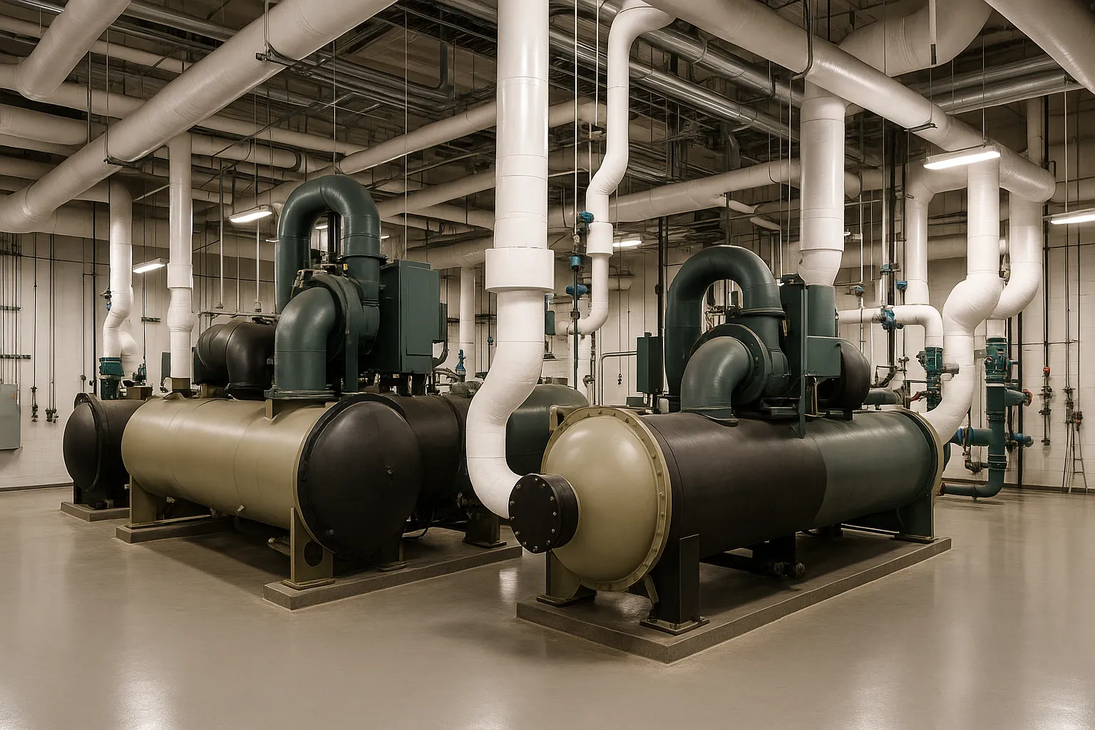 the interior of a commercial mechanical room with large water-cooled chillers and insulated piping — commercial HVAC