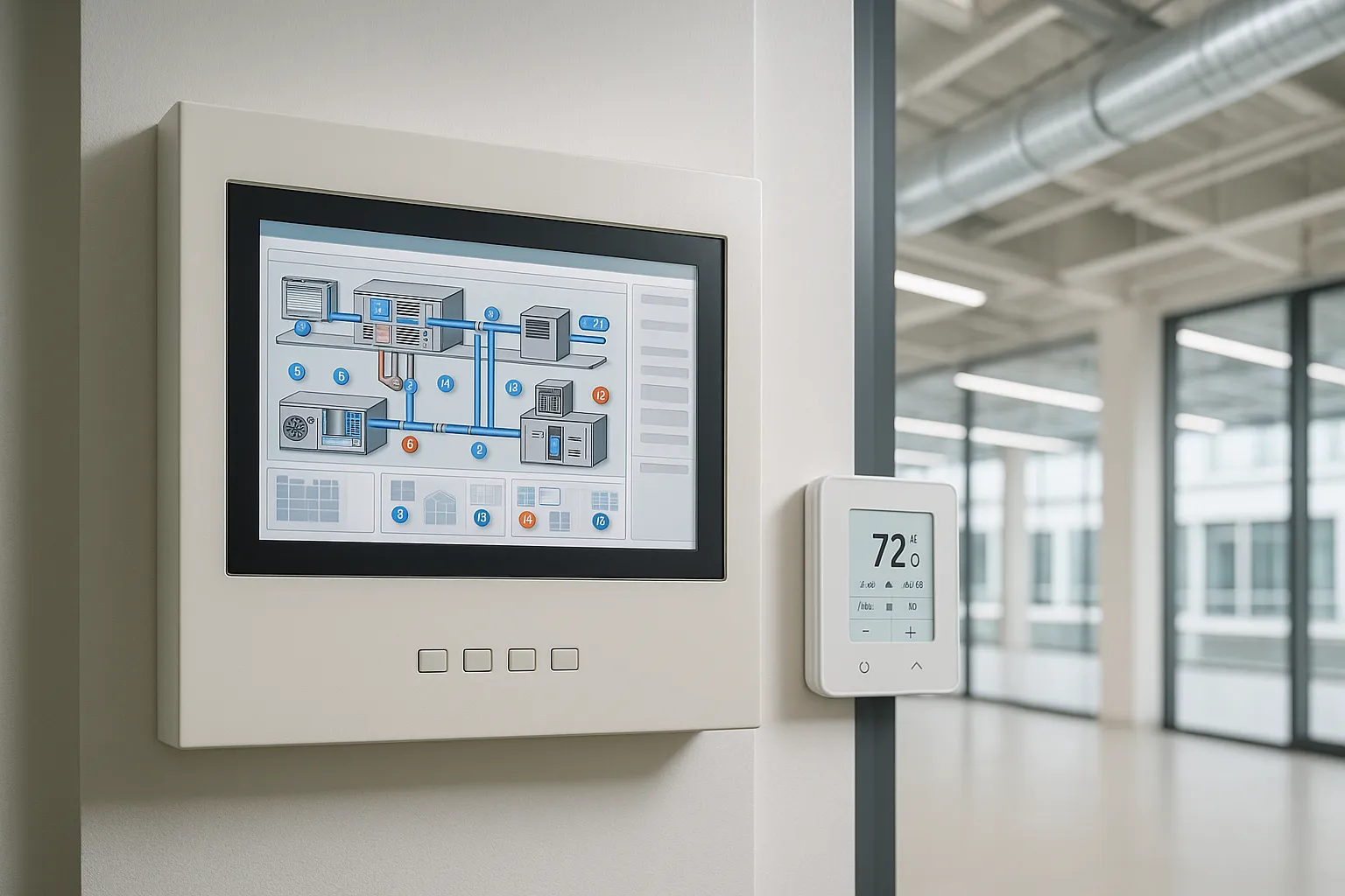 a building automation system control panel and smart HVAC controls in a modern commercial building — commercial HVAC