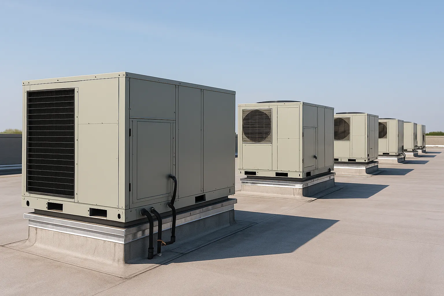a row of rooftop packaged HVAC units (RTUs) on a flat commercial building roof under a clear sky — commercial HVAC