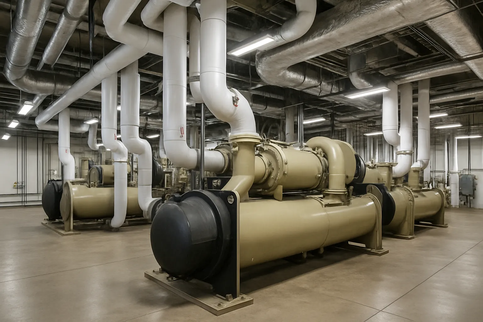 the interior of a commercial mechanical room with large water-cooled chillers and insulated piping — commercial HVAC
