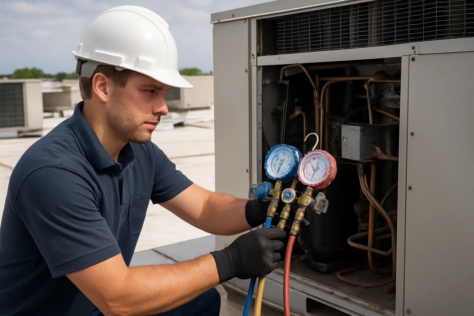 a technician using refrigerant gauges to service a commercial rooftop unit — commercial HVAC