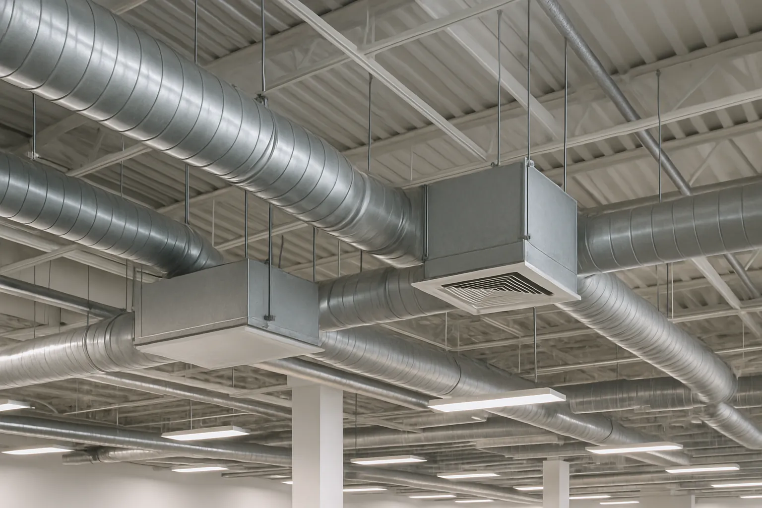 ceiling-mounted ductwork and VAV boxes above an open commercial office ceiling — commercial HVAC