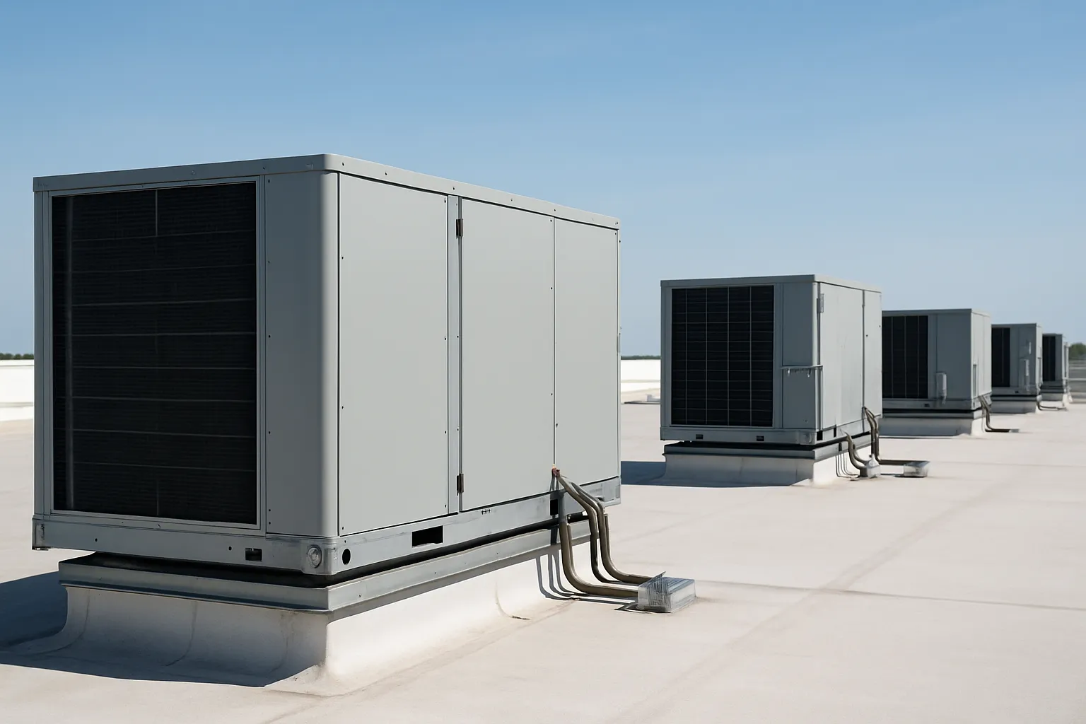 a row of rooftop packaged HVAC units (RTUs) on a flat commercial building roof under a clear sky — commercial HVAC