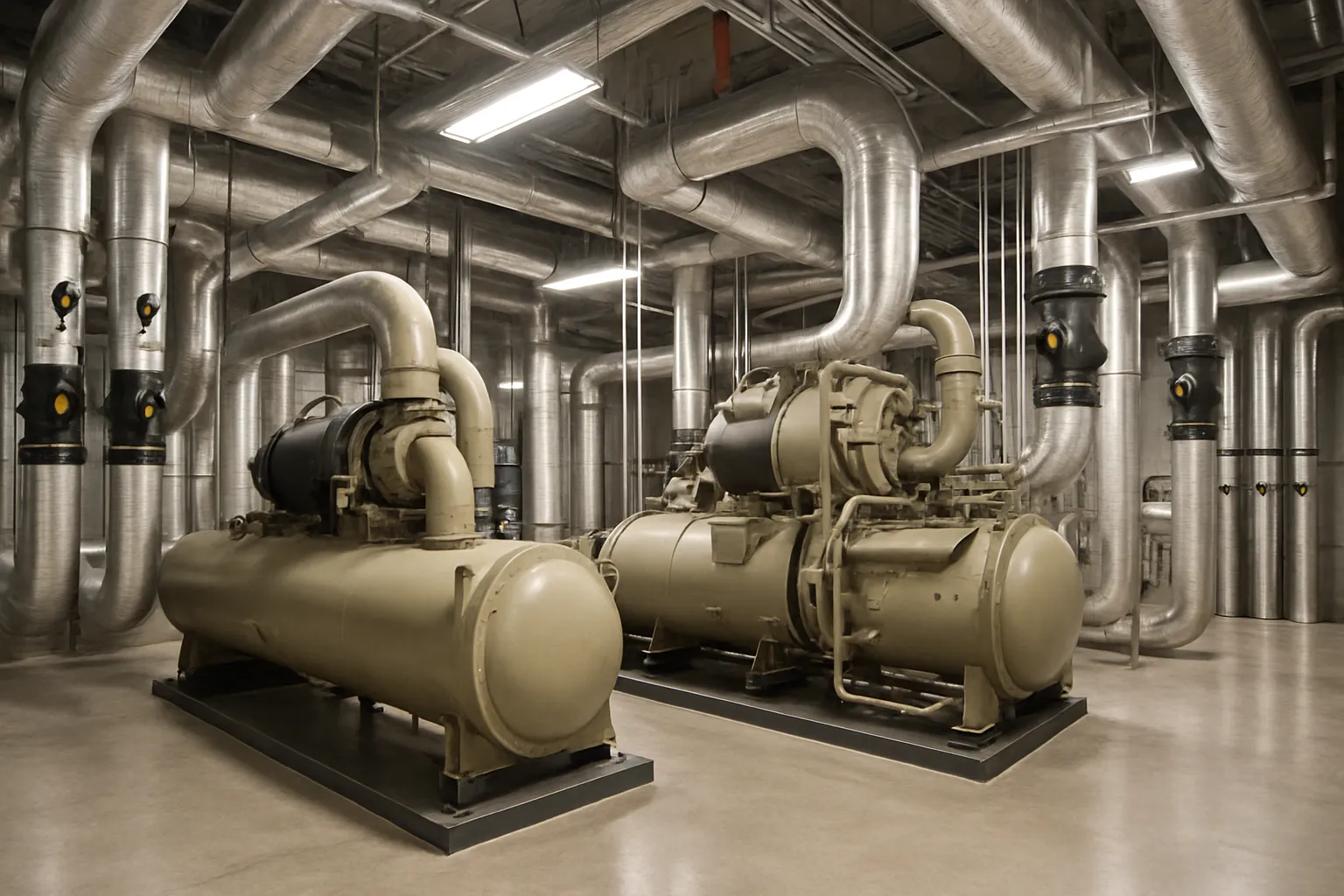 the interior of a commercial mechanical room with large water-cooled chillers and insulated piping — commercial HVAC