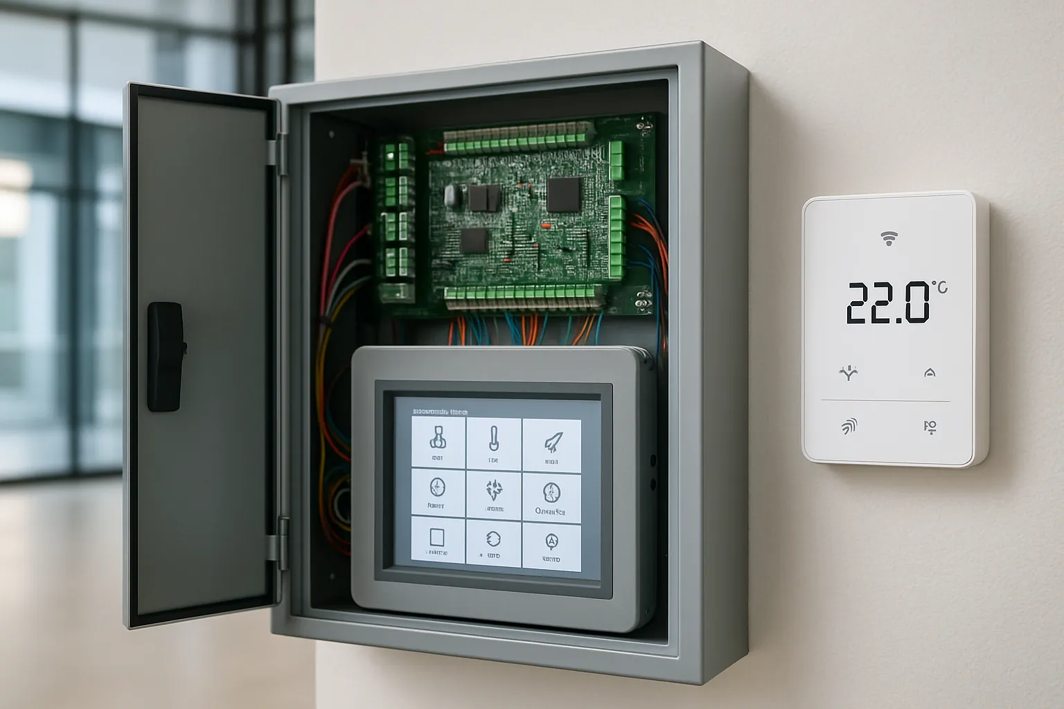 a building automation system control panel and smart HVAC controls in a modern commercial building — commercial HVAC