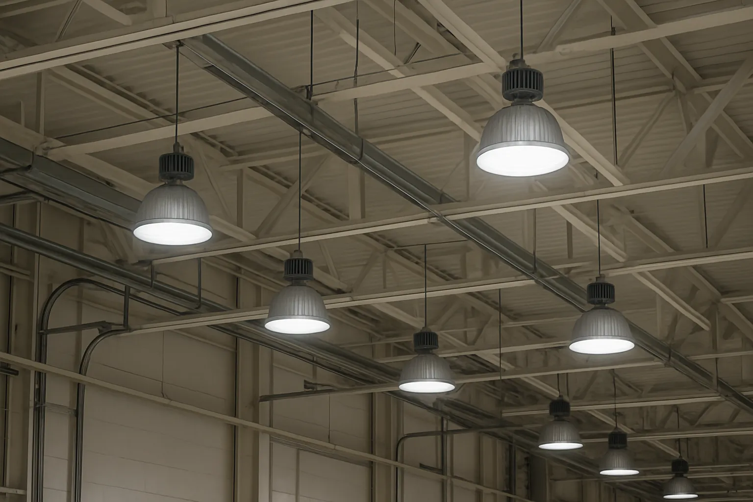a bank of commercial LED high-bay light fixtures across a warehouse ceiling — commercial electrical