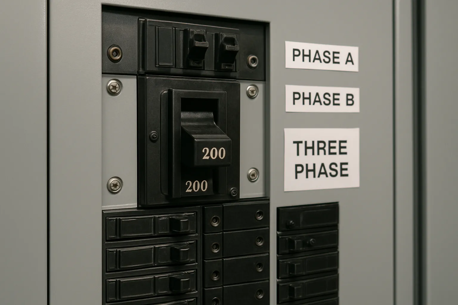 a close-up of a labeled three-phase 200-amp electrical panel with breakers — commercial electrical