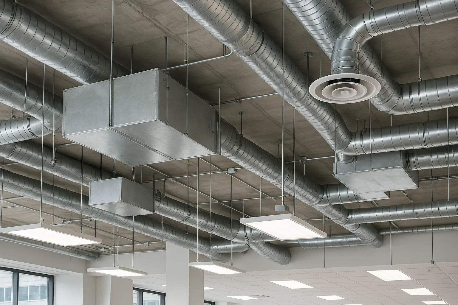ceiling-mounted ductwork and VAV boxes above an open commercial office ceiling — commercial HVAC
