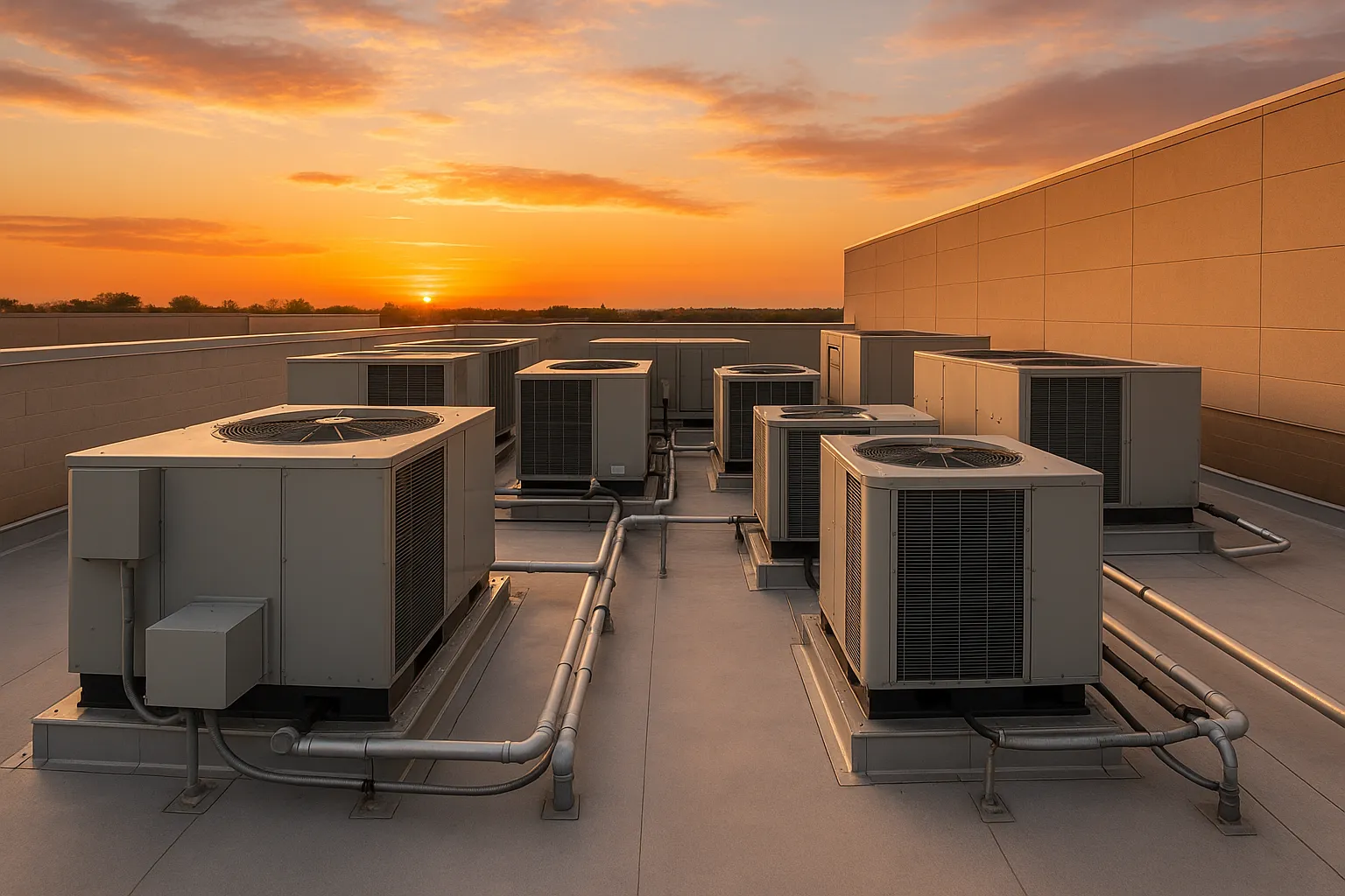 rooftop HVAC units on a big-box retail store at dusk with warm sky — commercial HVAC
