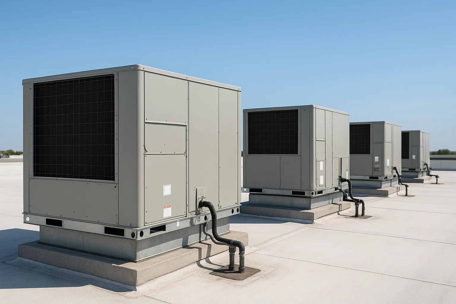 a row of rooftop packaged HVAC units (RTUs) on a flat commercial building roof under a clear sky — commercial HVAC