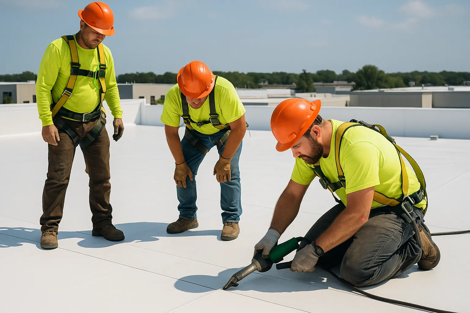 a roofing crew in safety harnesses heat-welding TPO membrane seams on a low-slope commercial roof — commercial roofing