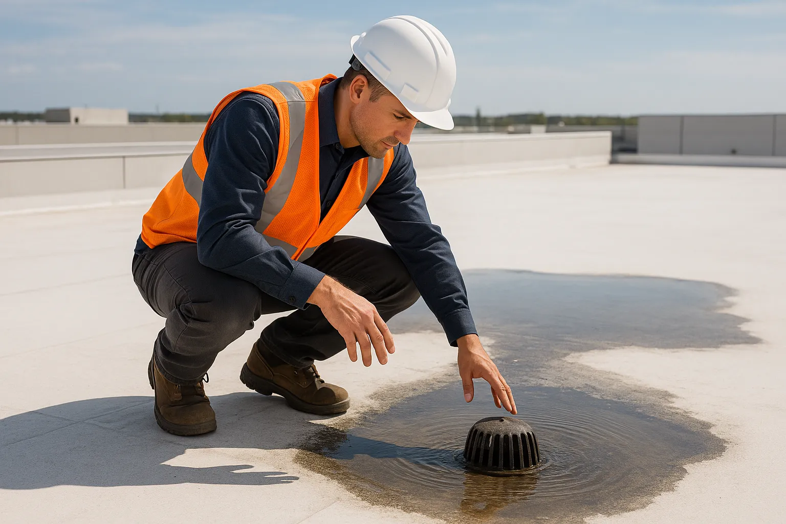 a commercial roofing technician inspecting a roof drain and ponding water on a flat warehouse roof — commercial roofing