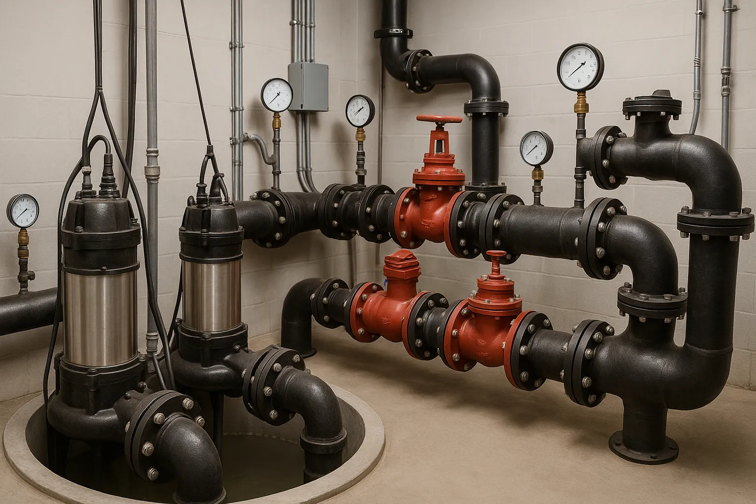 an industrial sewage lift station with pumps, valves, and pressure gauges in a utility room — commercial plumbing