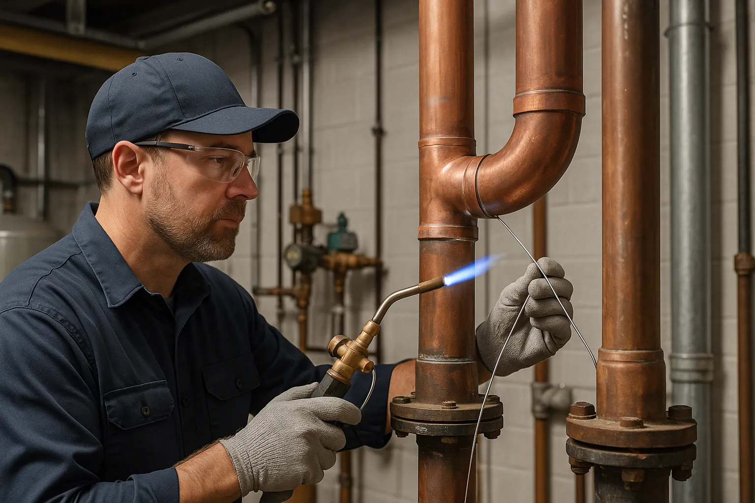a plumber soldering large-diameter copper pipe on a commercial water riser — commercial plumbing