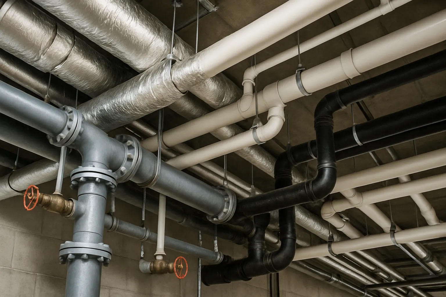 exposed overhead commercial plumbing pipes, valves, and insulation across a building ceiling — commercial plumbing